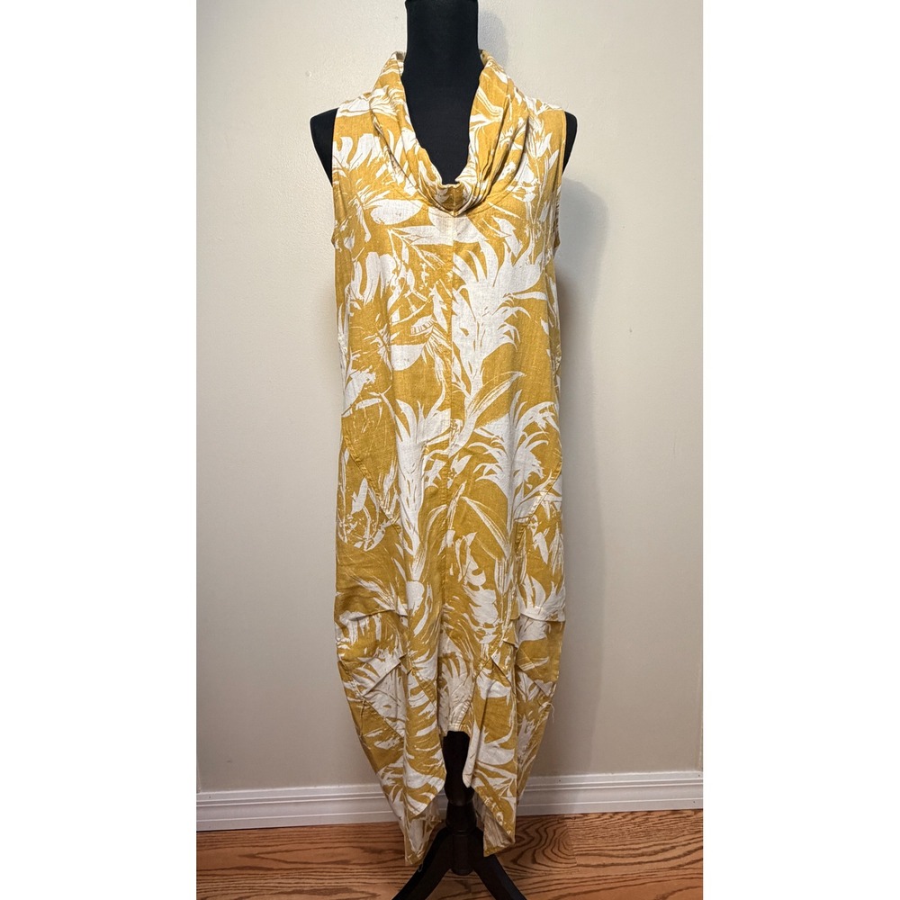 Cynthia Rowley Linen Blend Dress Size S Tropical Palm Asymmetrical Cowl Neck